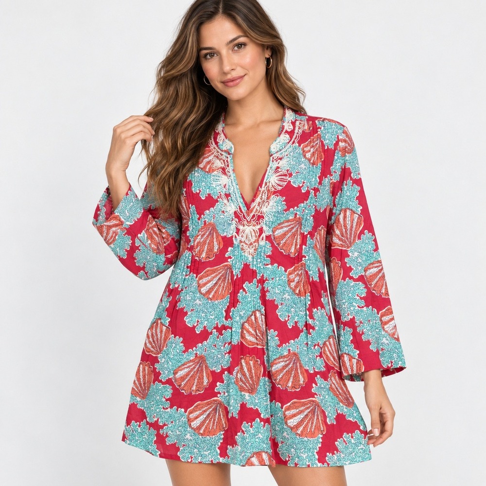Lilly Pulitzer Pink Teal Seashell Coral Embroidered Cotton Tunic Top Large